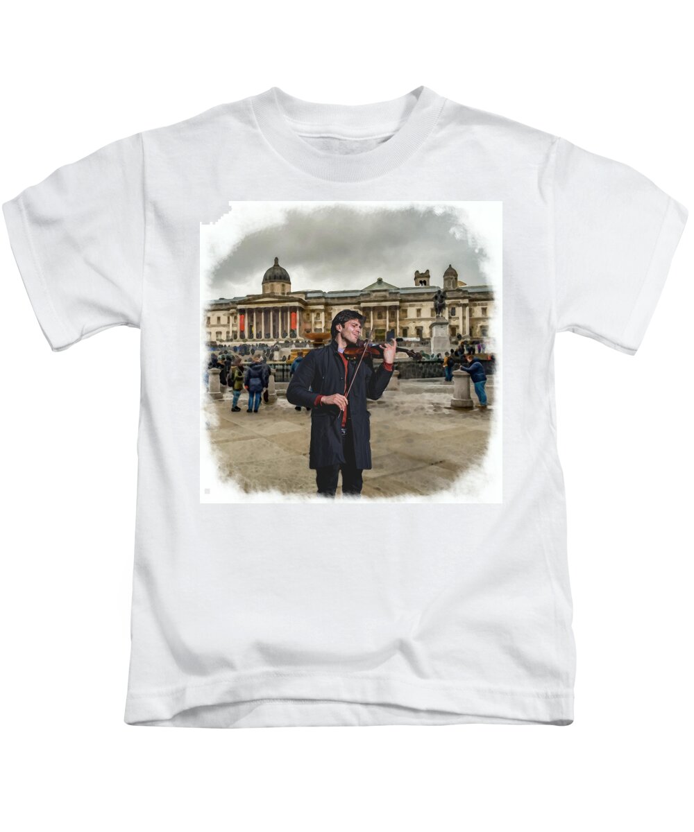 Street Music Kids T-Shirt featuring the mixed media Street Music. Violin. Trafalgar Square. by Alex Mir