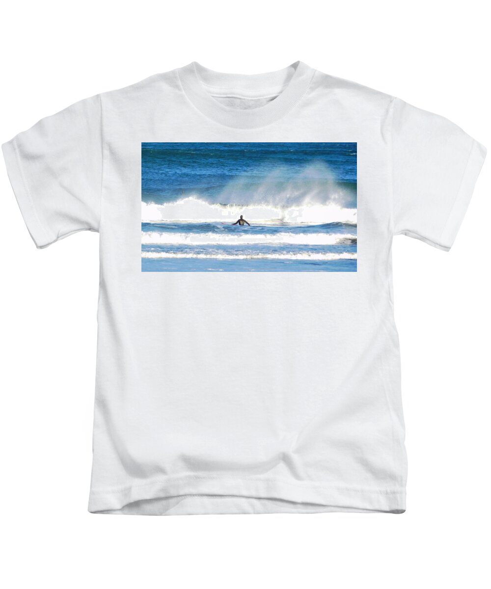 Sea Kids T-Shirt featuring the photograph - surfer and sea spray at York Beach ME by THERESA Nye