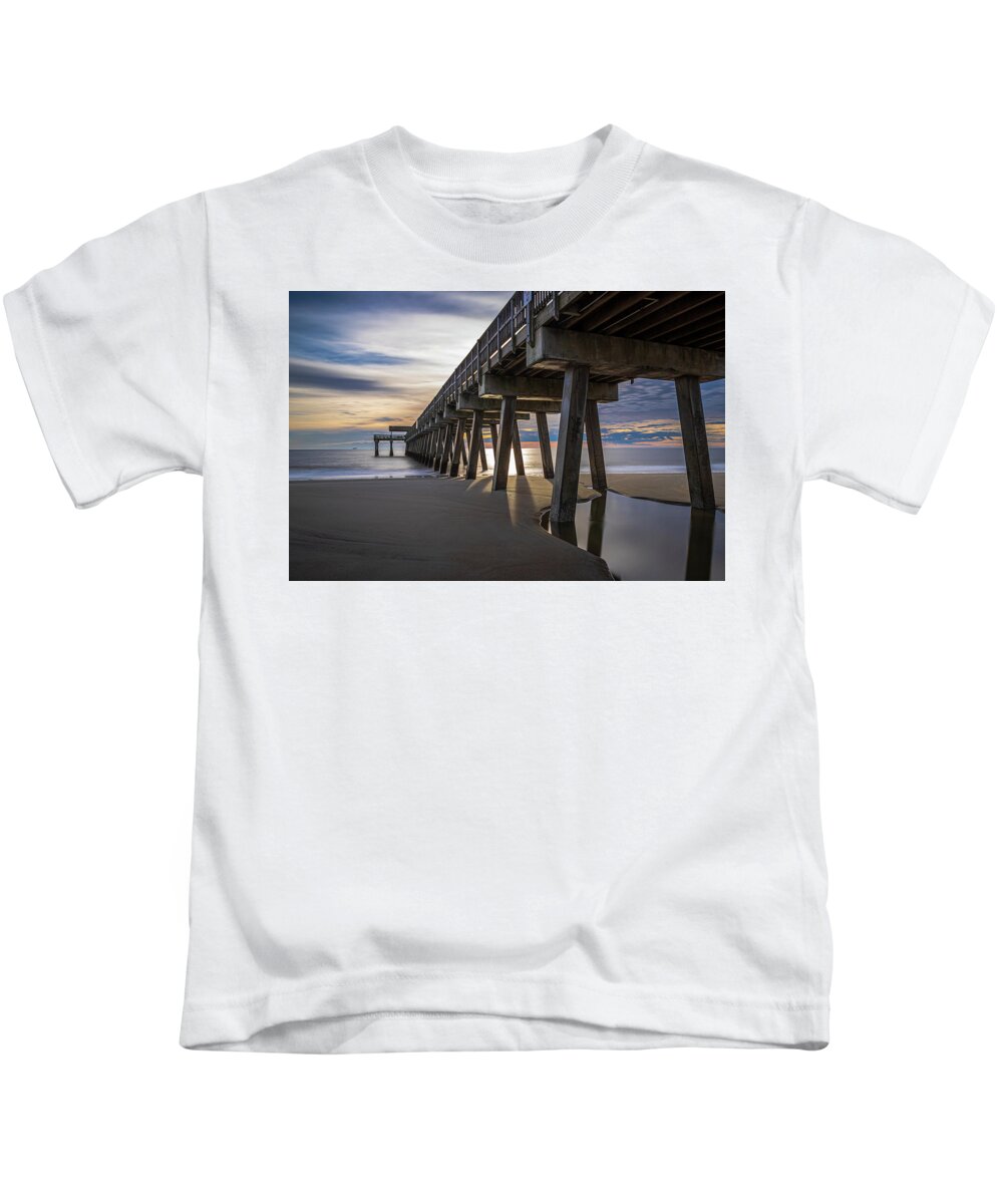 Tybee Beach. Long Exposure Kids T-Shirt featuring the photograph The Pier in Morning Light by Ray Silva