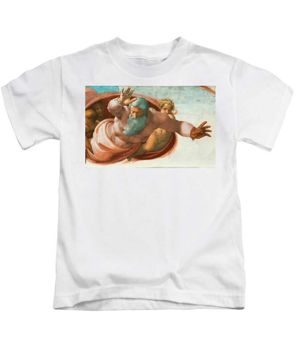 Michelangelo Kids T-Shirt featuring the painting The Sistine Chapel, ceiling frescos after restoration. Dividing the waters from the land. by Michelangelo -1475-1564-