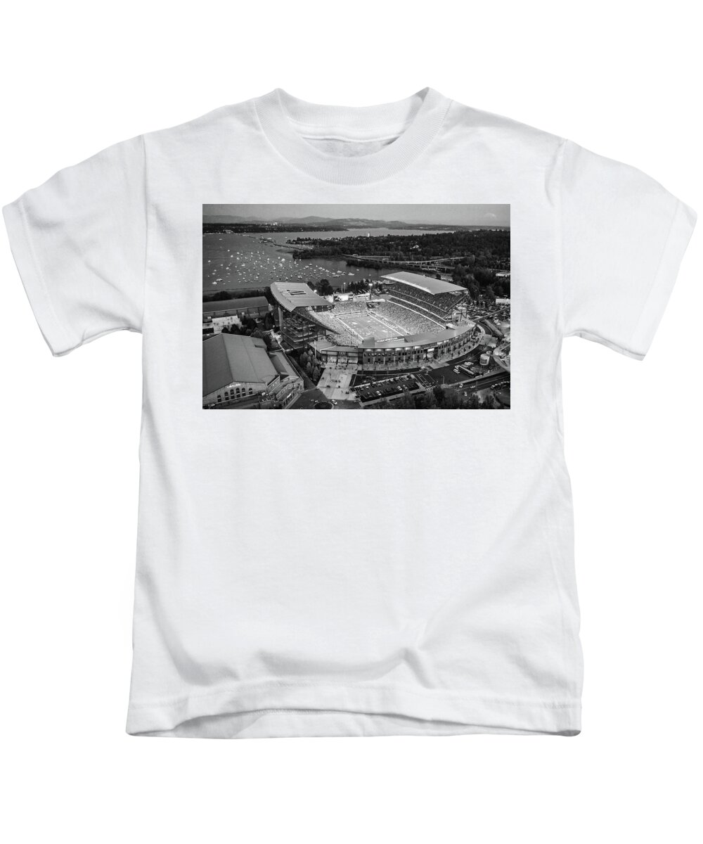 Husky Stadium Kids T-Shirt featuring the photograph The Stadium and the Mountain Monochrome by Max Waugh