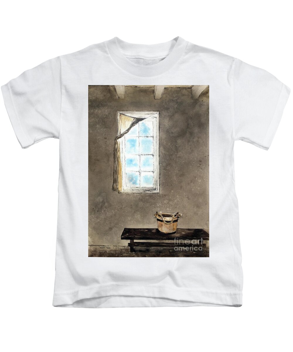 A Twisted Curtain Hangs On An Antique Window Over A Bench With A Wooden Water Bucket On It.  Kids T-Shirt featuring the painting Twisted by Monte Toon