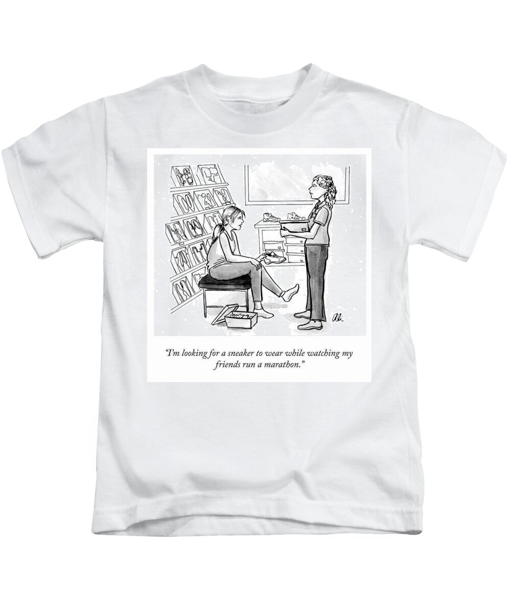 I'm Looking For A Sneaker To Wear While Watching My Friends Run A Marathon. Kids T-Shirt featuring the drawing Watching My Friends by Ali Solomon