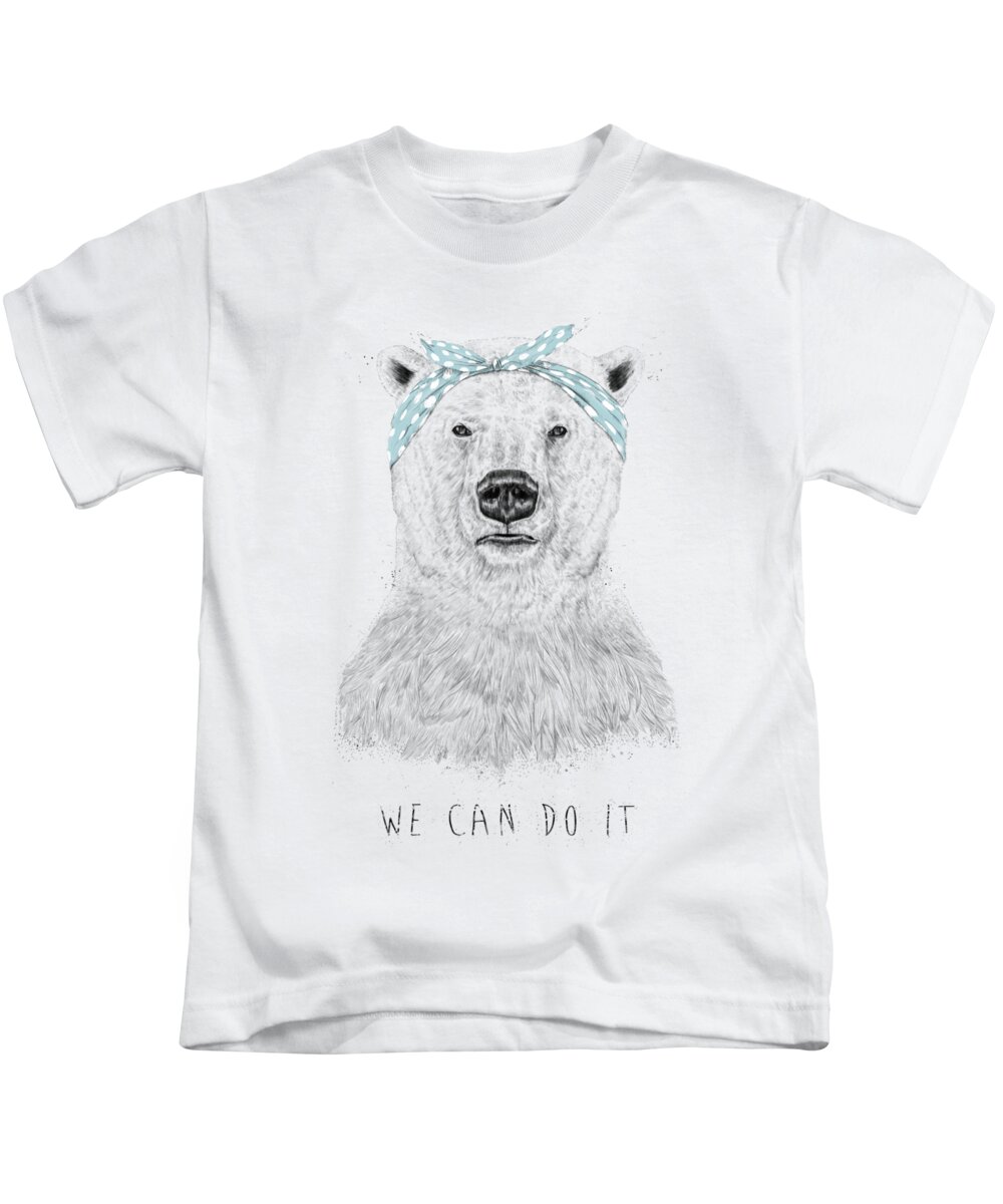 Bear Kids T-Shirt featuring the drawing We can do it by Balazs Solti
