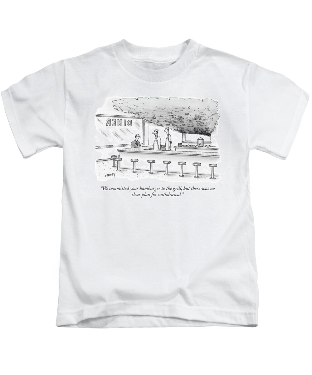 we Committed Your Hamburger To The Grill Kids T-Shirt featuring the drawing We Committed Your Hamburger by Tom Cheney