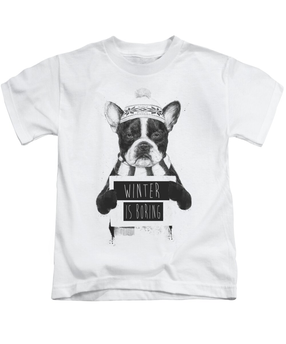 Bulldog Kids T-Shirt featuring the mixed media Winter is boring by Balazs Solti