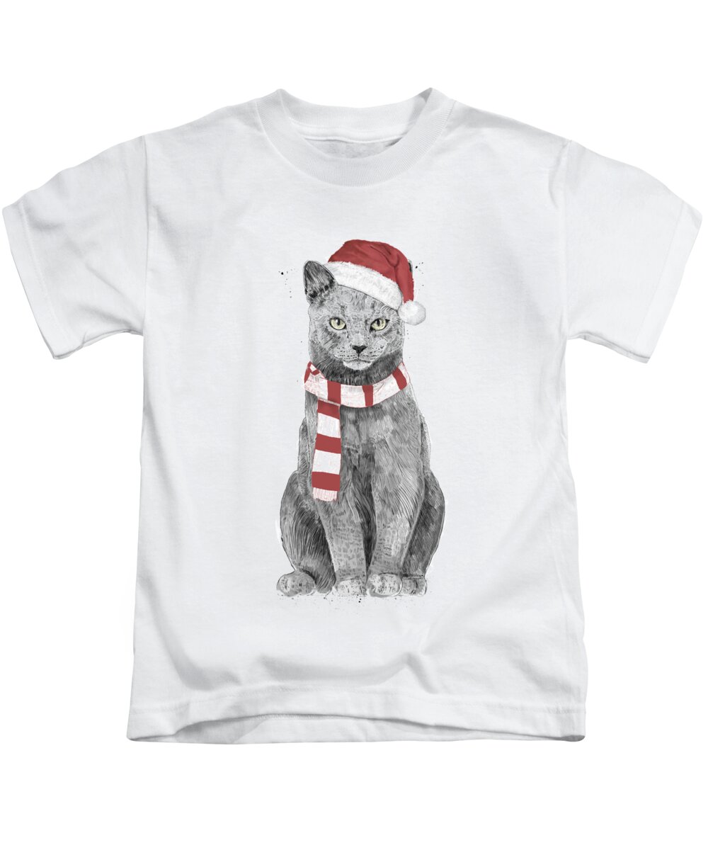 #faaAdWordsBest Kids T-Shirt featuring the mixed media Xmas cat by Balazs Solti