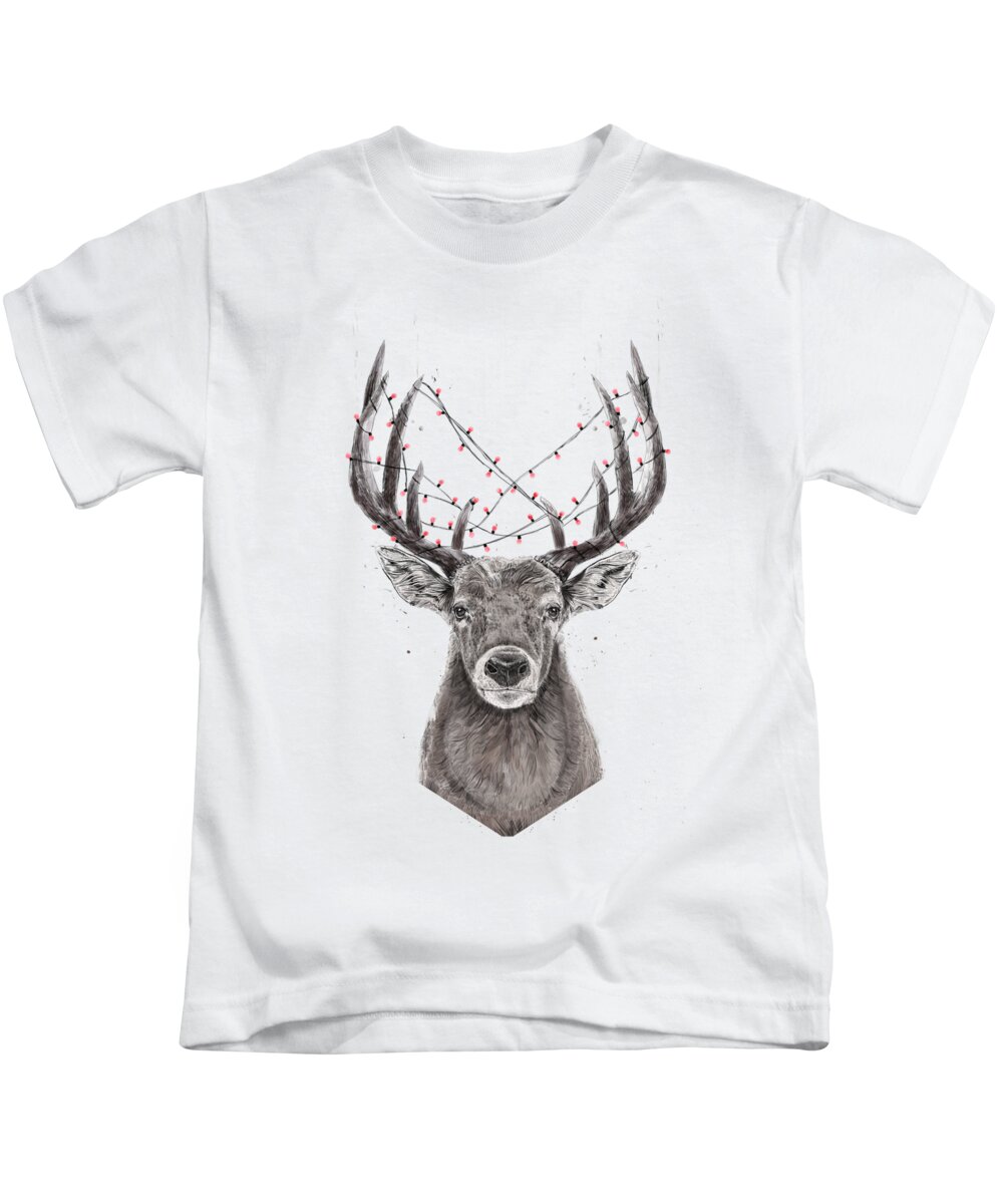 Deer Kids T-Shirt featuring the drawing Xmas deer by Balazs Solti