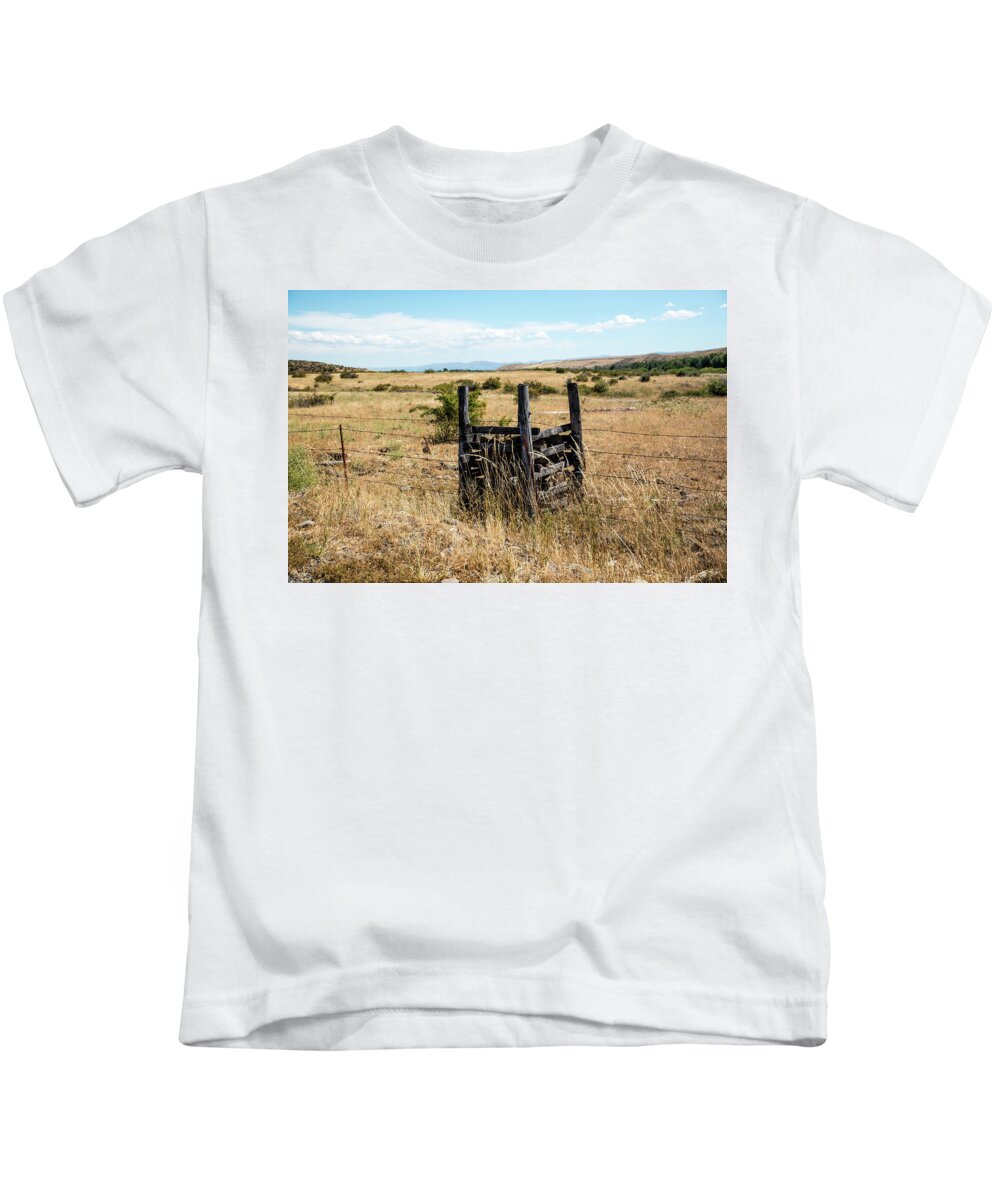 Yellow Grass And Fence Anchor Kids T-Shirt featuring the photograph Yellow Grass and Fence Anchor by Tom Cochran