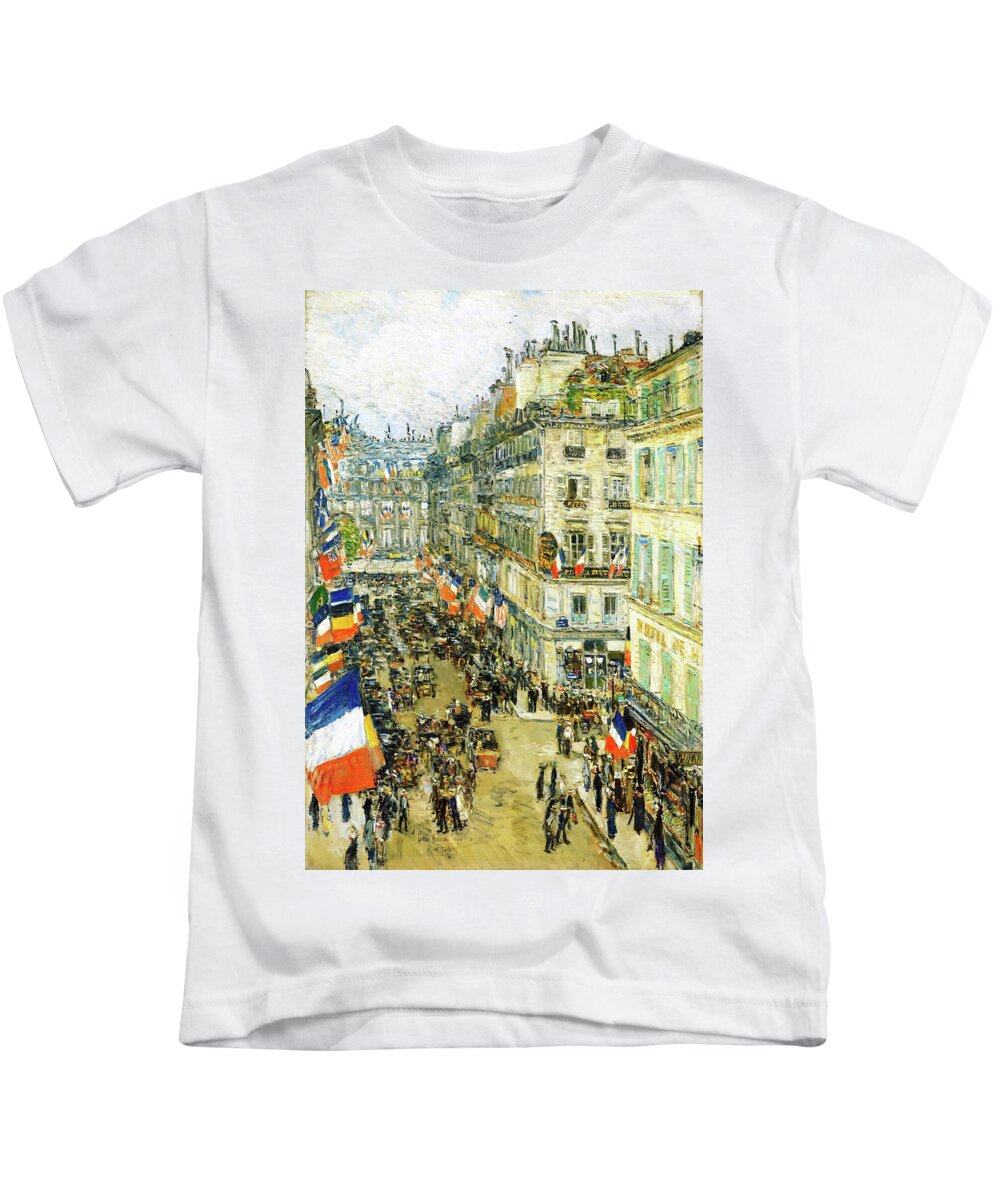 July Fourteenth Kids T-Shirt featuring the painting July Fourteenth, Rue Daunou - Digital Remastered Edition by Frederick Childe Hassam