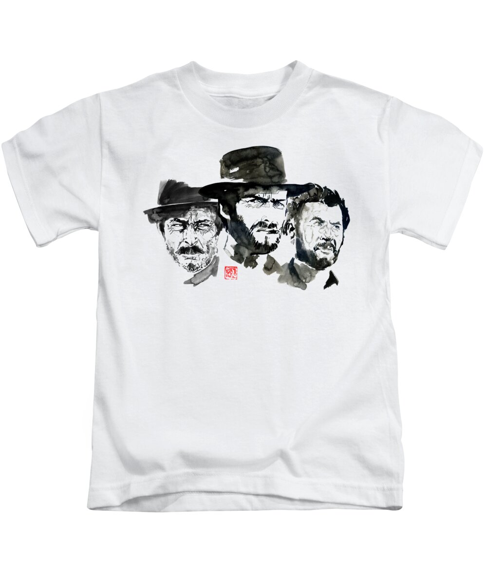 Clint Eastwood Kids T-Shirt featuring the drawing The Good The Bad The Ugly by Pechane Sumie