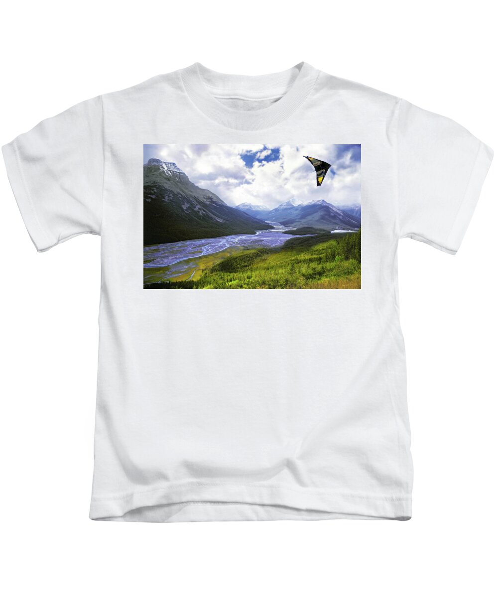 Hang Gliding Banff National Park Jasper National Park Alberta Canada Icefields Parkway Canadian Rockies Mountains Scenic Landscapes Outdoors Hiking Trails Parcs Canada National Parks The Walkers Earthart Earth Art Kids T-Shirt featuring the photograph Come Fly With Me by The Walkers