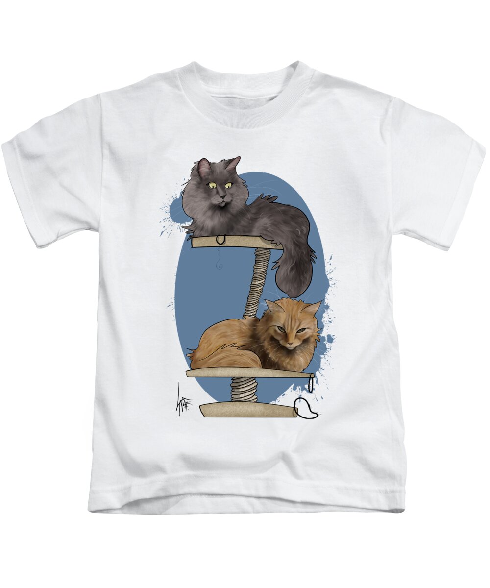 6046 Kids T-Shirt featuring the drawing 2 Cats on a Tower by Canine Caricatures By John LaFree