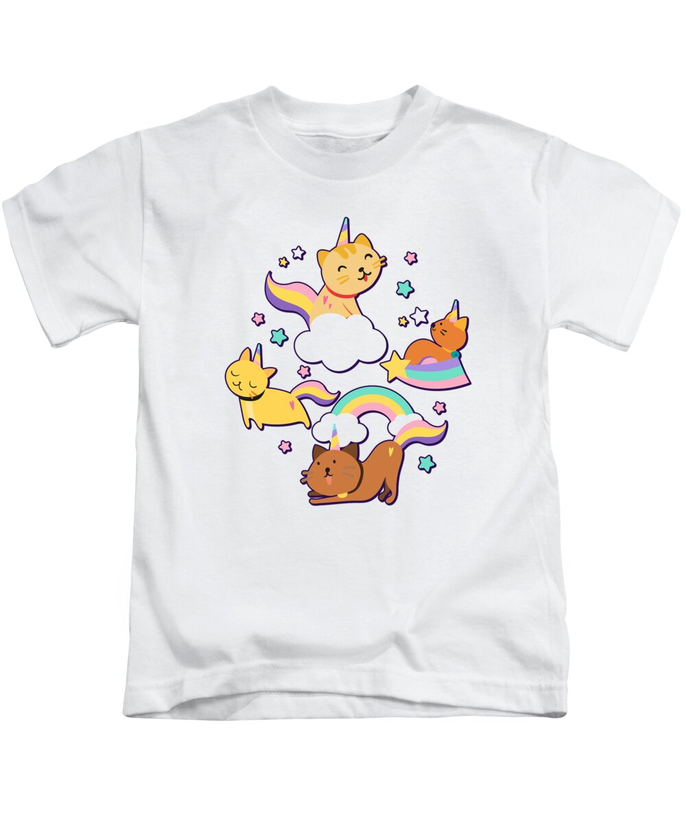 Cat Kids T-Shirt featuring the digital art Cute Rainbow Cat Unicorn Clouds Magical Colorful #3 by Toms Tee Store