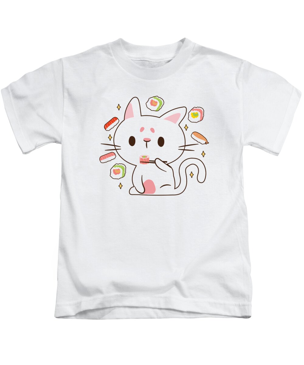 Cat Kids T-Shirt featuring the digital art Kawaii Cat Eating Sushi Japanese Raw Food #3 by Toms Tee Store