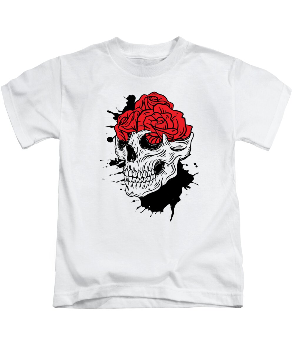 Skull Kids T-Shirt featuring the digital art Skulls and Roses Gothic Bones Skeleton Death Grave Aesthetic Dark #3 by Toms Tee Store