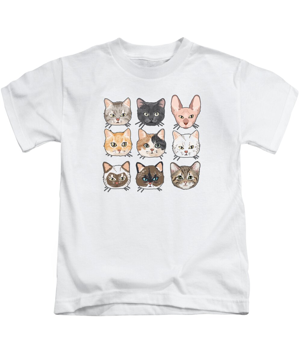 Cats Kids T-Shirt featuring the digital art Colorful Cats Faces Breed Art Unique #4 by Toms Tee Store