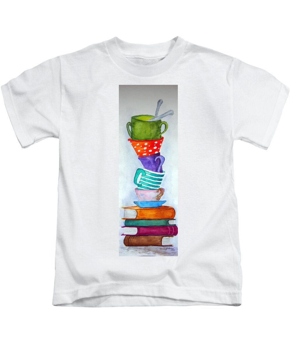 Books Kids T-Shirt featuring the painting A Good Book and a Cup of Coffee by Jacquelin Bickel
