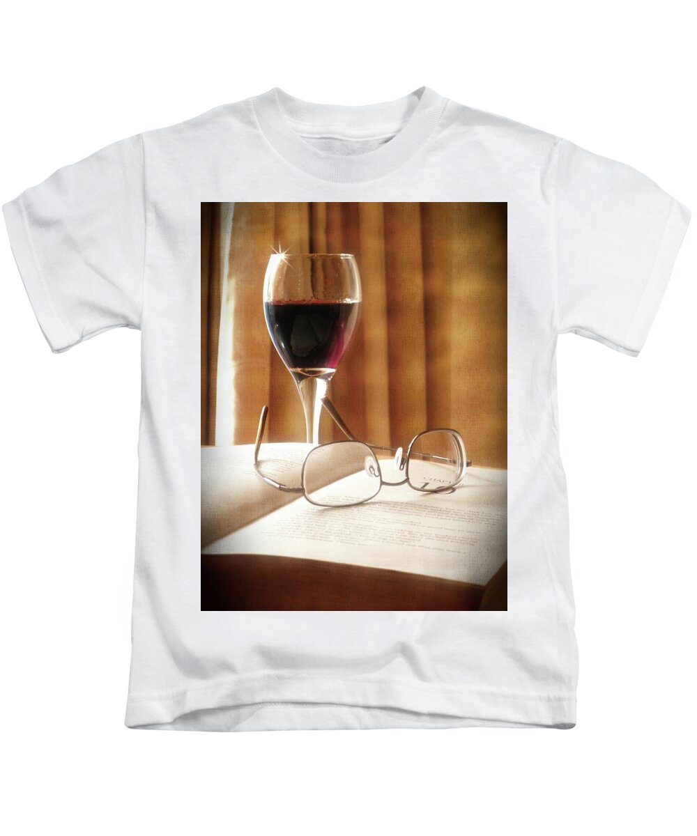Book Kids T-Shirt featuring the photograph A Good Book and A Glass of Wine by Lucinda Walter