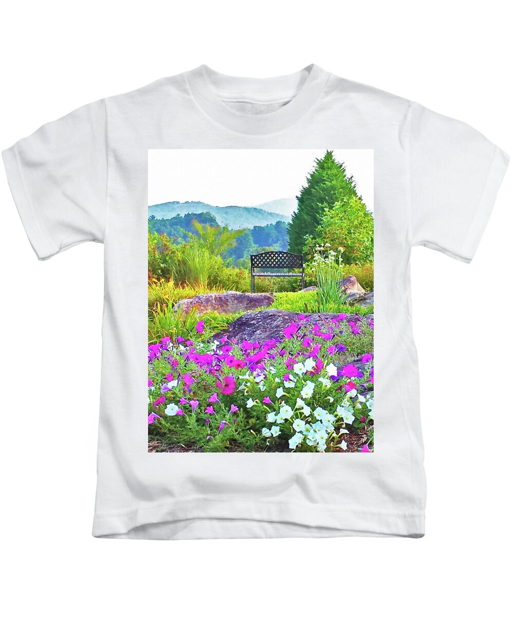 Mountains Kids T-Shirt featuring the photograph A Place to Ponder by Sharon Williams Eng