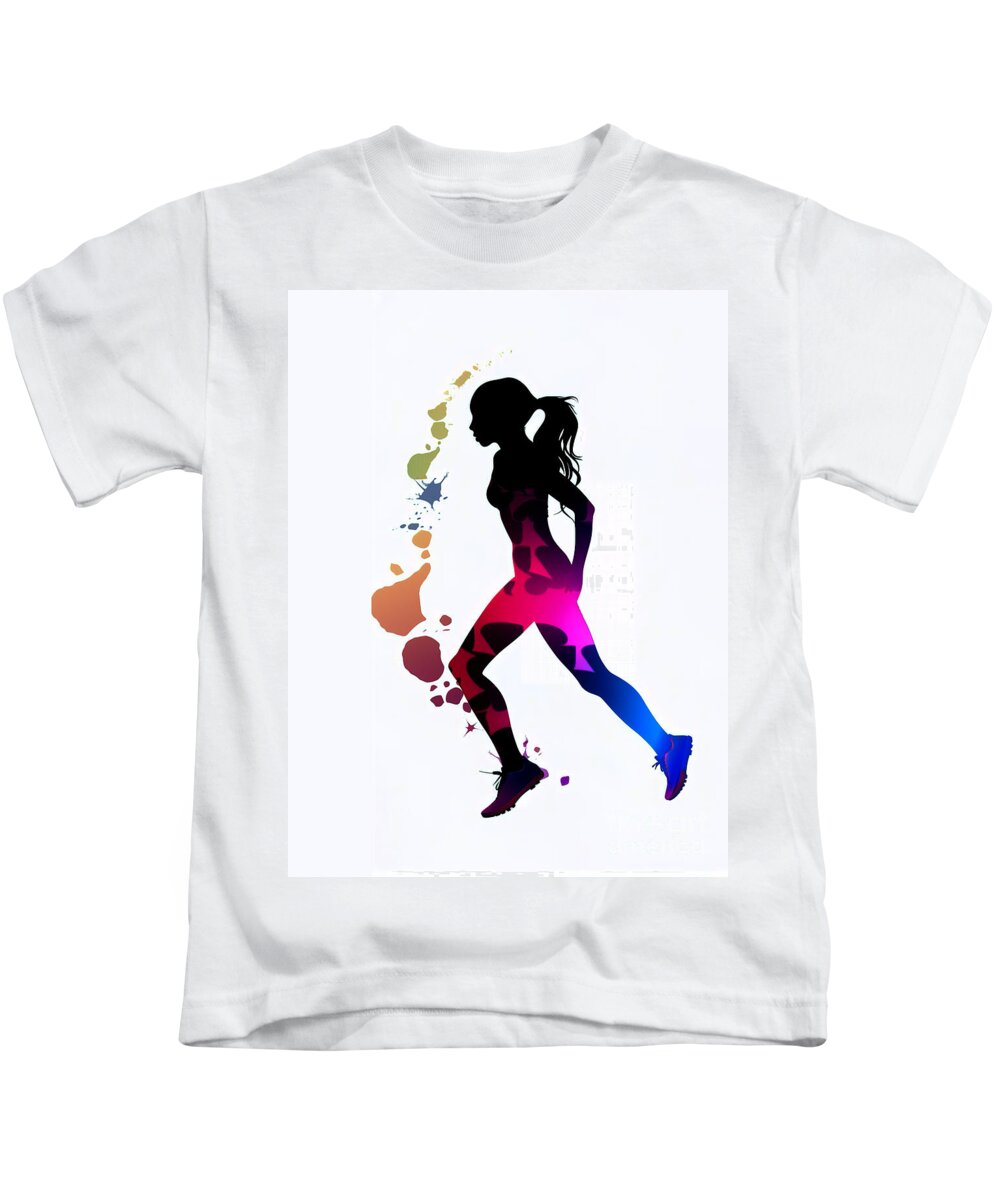 Health Kids T-Shirt featuring the digital art A silhouette of a female runner in neon colors, in an abstract representation. by Odon Czintos
