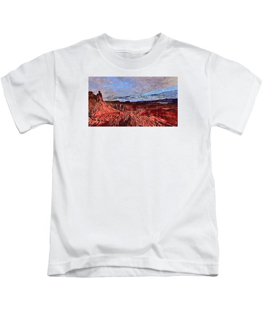 The Red Sandstone Cliffs At Ghost Ranch In Abiquiu Kids T-Shirt featuring the digital art Abiquiu Cliffs by Aerial Santa Fe