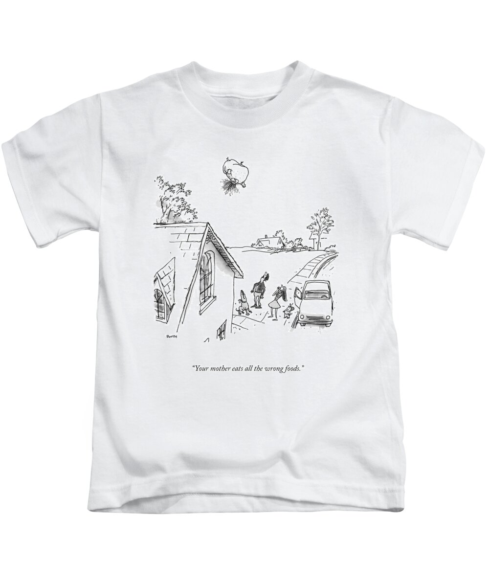 Your Mother Eats All The Wrong Foods. Kids T-Shirt featuring the drawing All The Wrong Foods by George Booth
