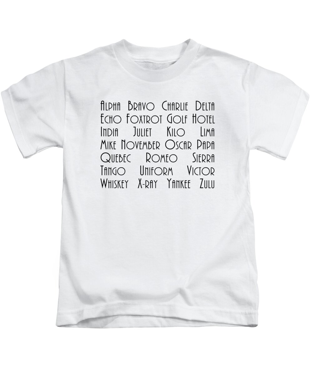 Aviation Kids T-Shirt featuring the mixed media Alpha Bravo Charlie, phonetic alphabet by Delphimages Photo Creations