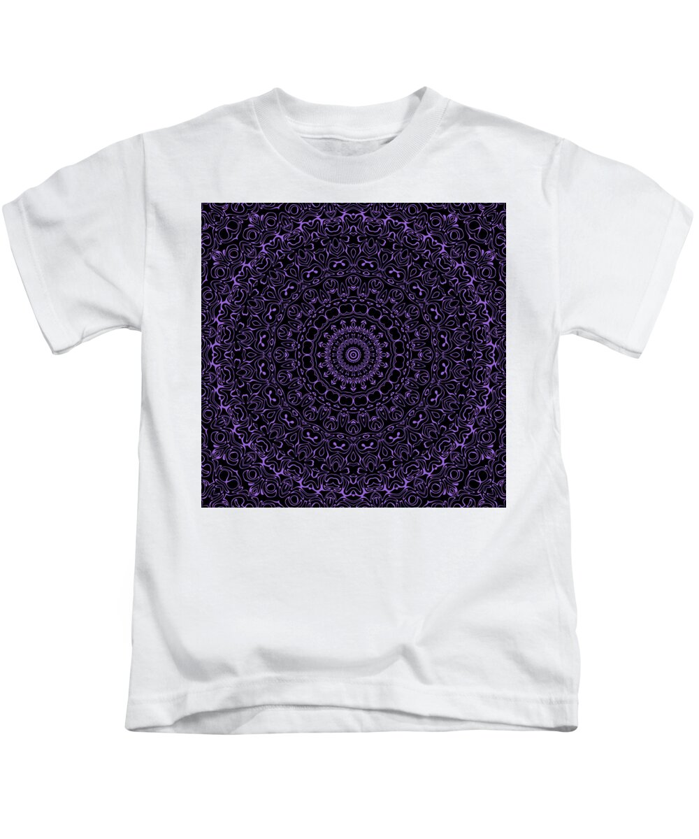 Amethyst Kids T-Shirt featuring the digital art Amethyst on Black Mandala Kaleidoscope Medallion Flower by Mercury McCutcheon