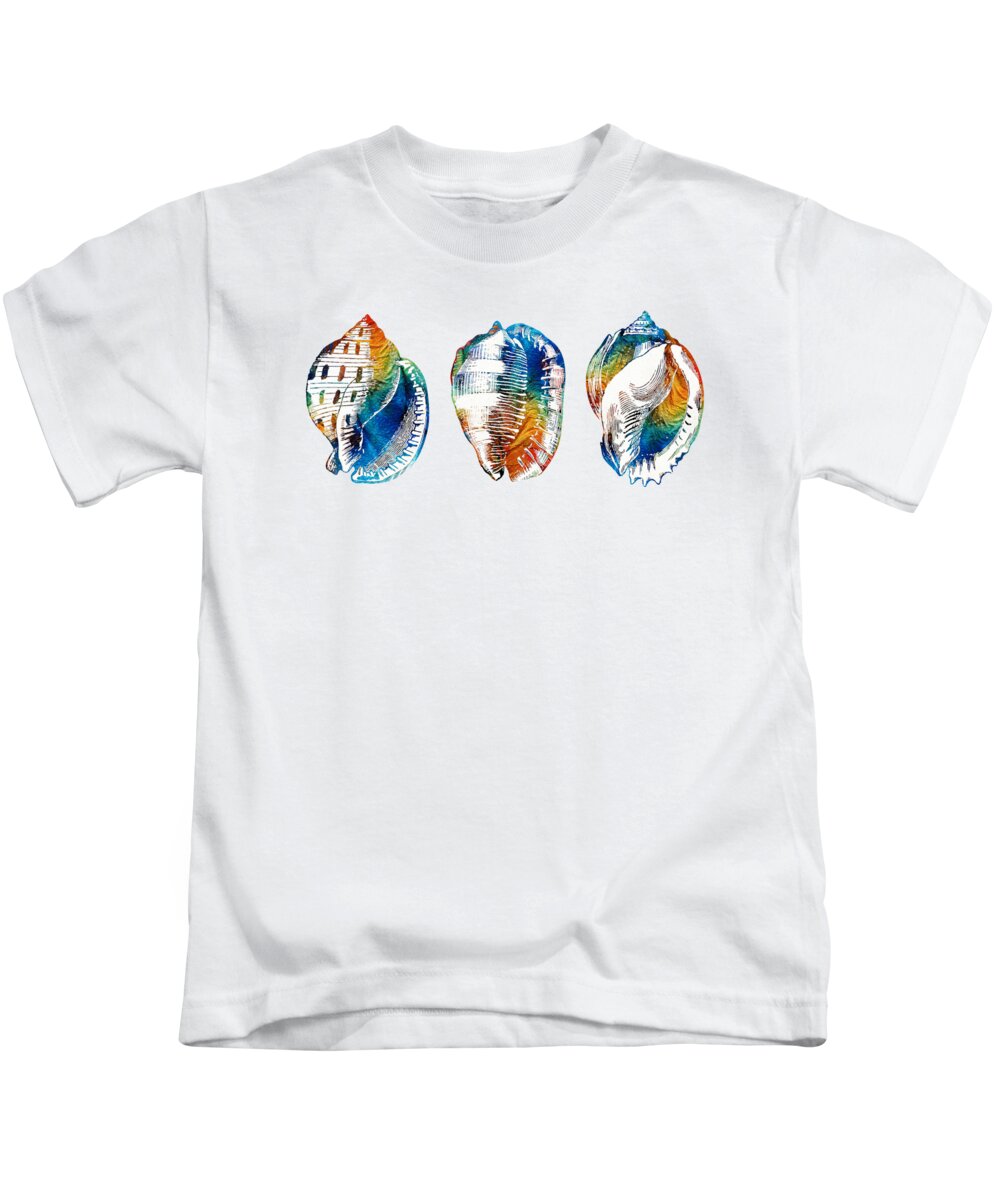 Shell Kids T-Shirt featuring the painting Colorful Seashell Art - Beach Trio - By Sharon Cummings by Sharon Cummings