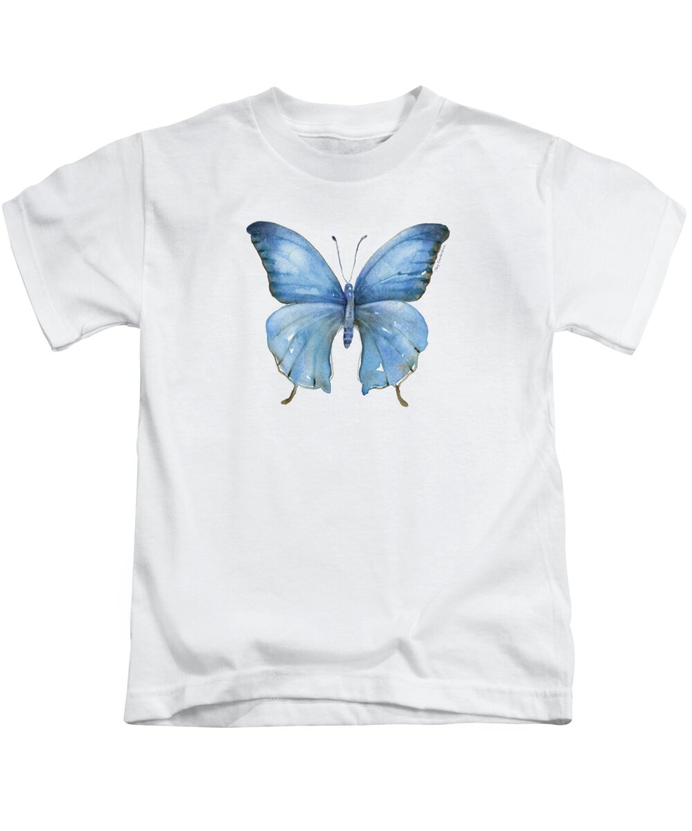 Blue And Brown Butterfly Kids T-Shirt featuring the painting 111 Blue Elijah Butterfly by Amy Kirkpatrick