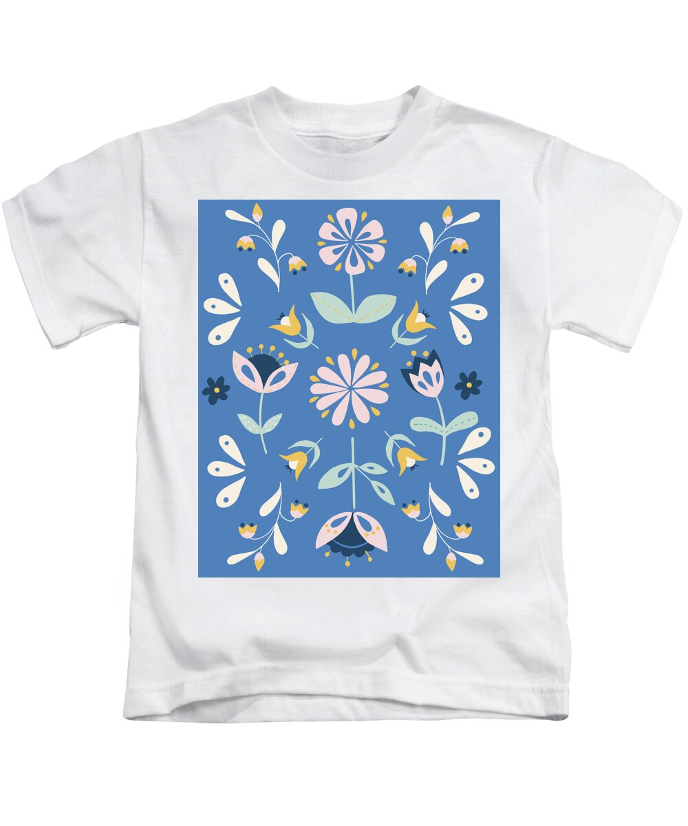 Folk Flowers Kids T-Shirt featuring the painting Folk Flower Pattern in Blue by Ashley Lane