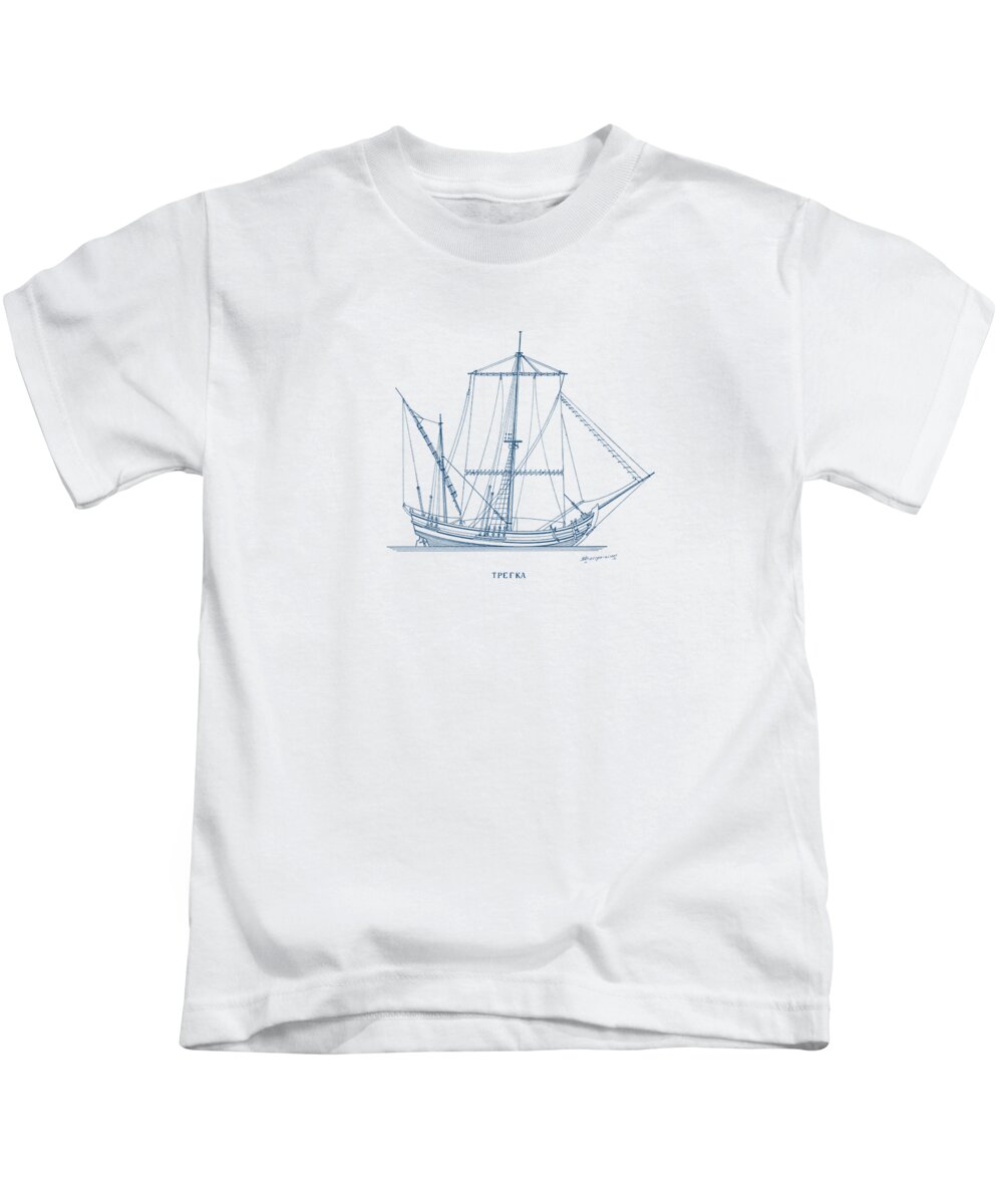 Sailing Vessels Kids T-Shirt featuring the drawing Trega - traditional Greek sailing ship by Panagiotis Mastrantonis
