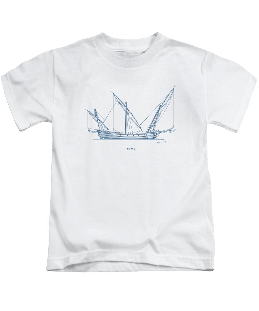 Historic Vessels Kids T-Shirt featuring the drawing Pigos - traditional Greek sailing ship by Panagiotis Mastrantonis