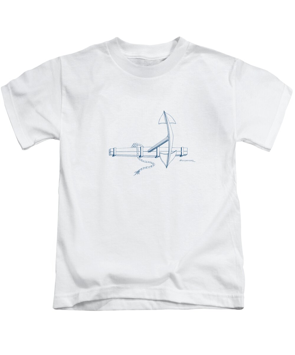 Sailing Vessels Kids T-Shirt featuring the drawing Anchor with wooden stock by Panagiotis Mastrantonis