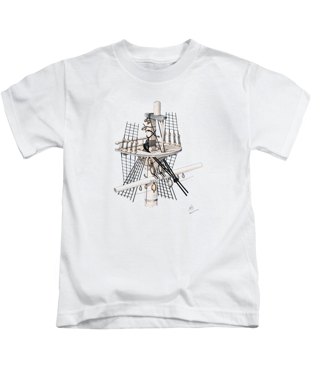 Sailing Vessels Kids T-Shirt featuring the drawing Coffa - Typical Greek sailing ship lookout point - circa 1821 by Panagiotis Mastrantonis