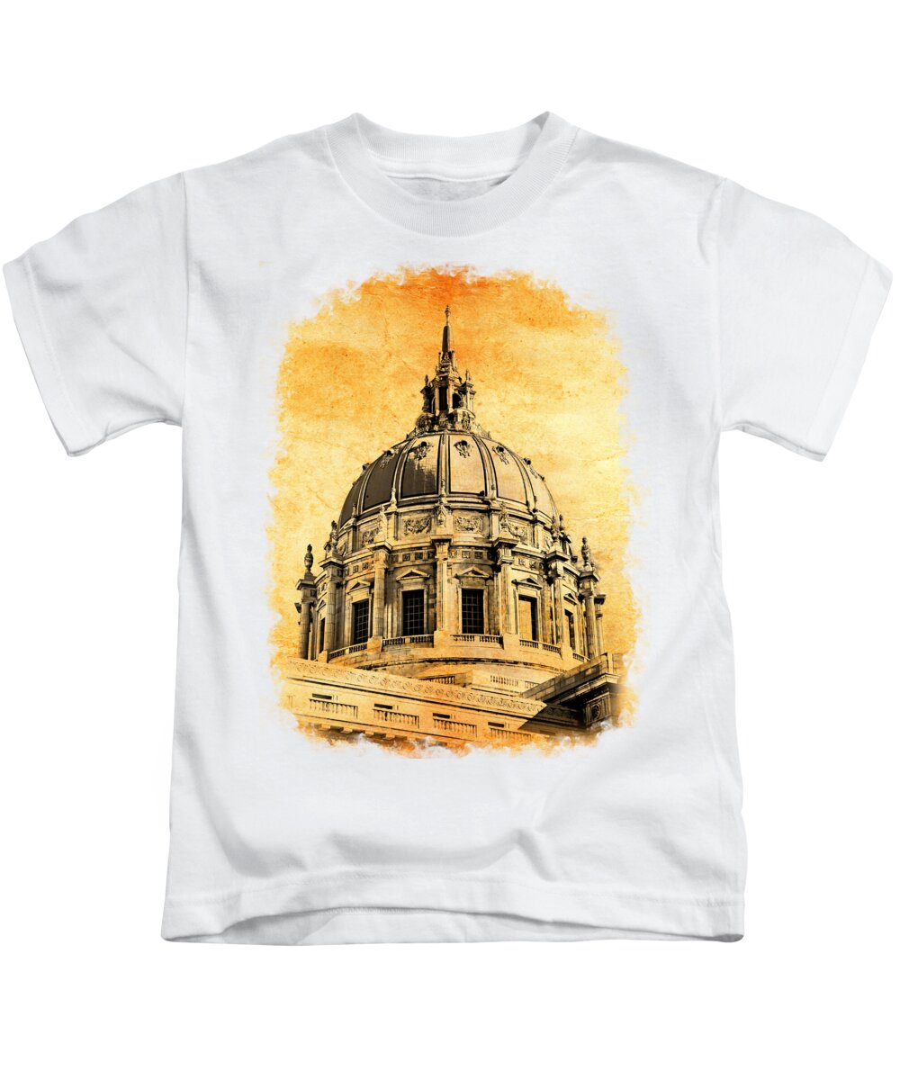 San Francisco City Hall Kids T-Shirt featuring the digital art The dome of the San Francisco City Hall blended on old paper by Nicko Prints
