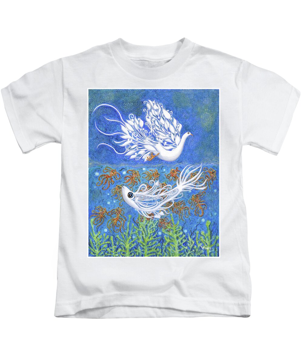 Bird Kids T-Shirt featuring the painting Spirit of the Air, Spirit of the Sea, The Dichotomous Inedibles by Lise Winne
