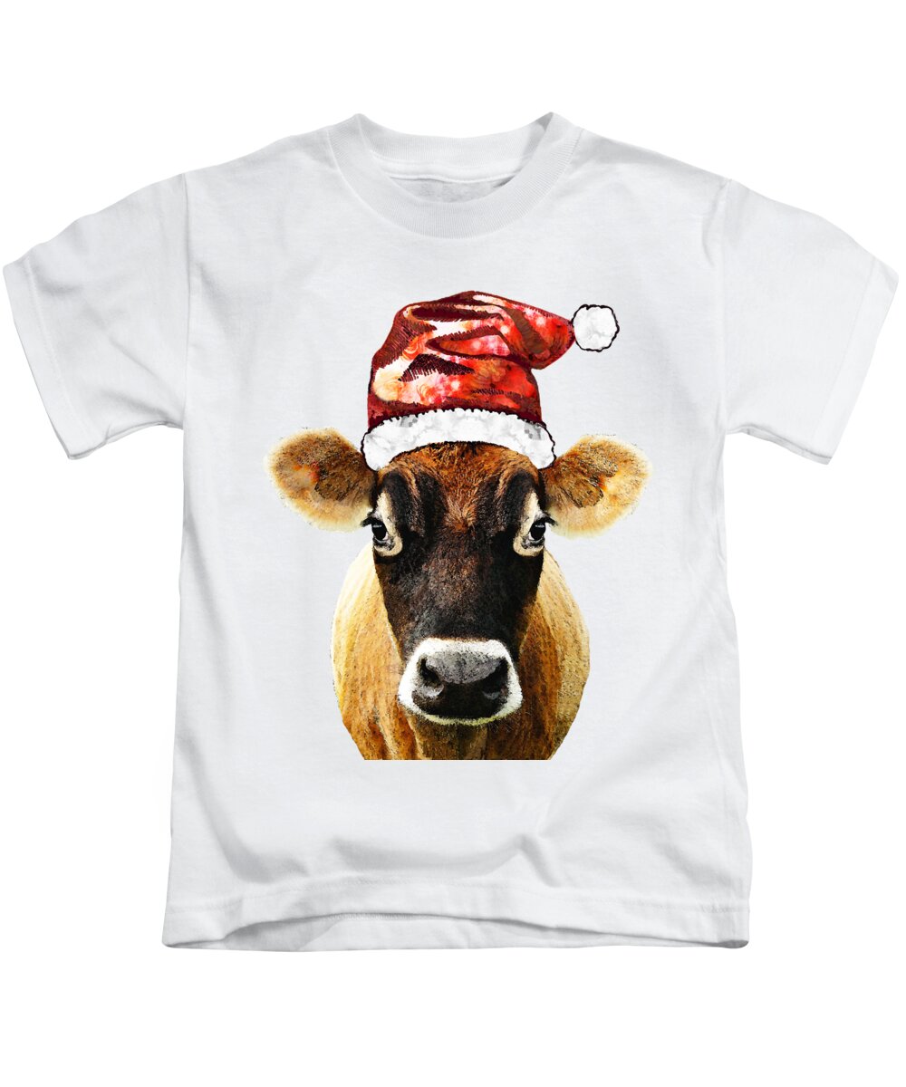 Cow Kids T-Shirt featuring the painting Fun Holiday Cow Art - Dairy Christmas by Sharon Cummings