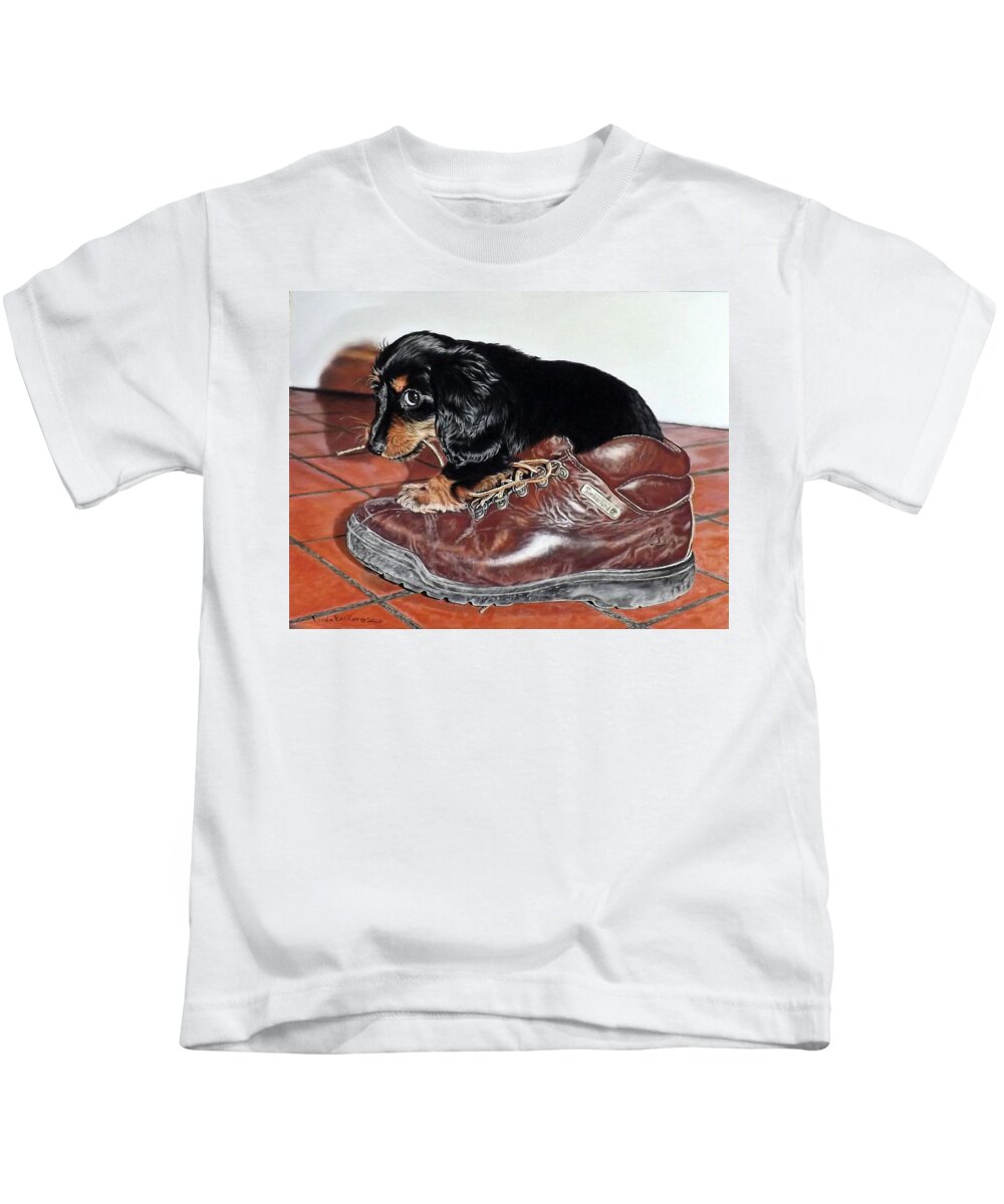 Puppy Kids T-Shirt featuring the painting Bad Dog by Linda Becker