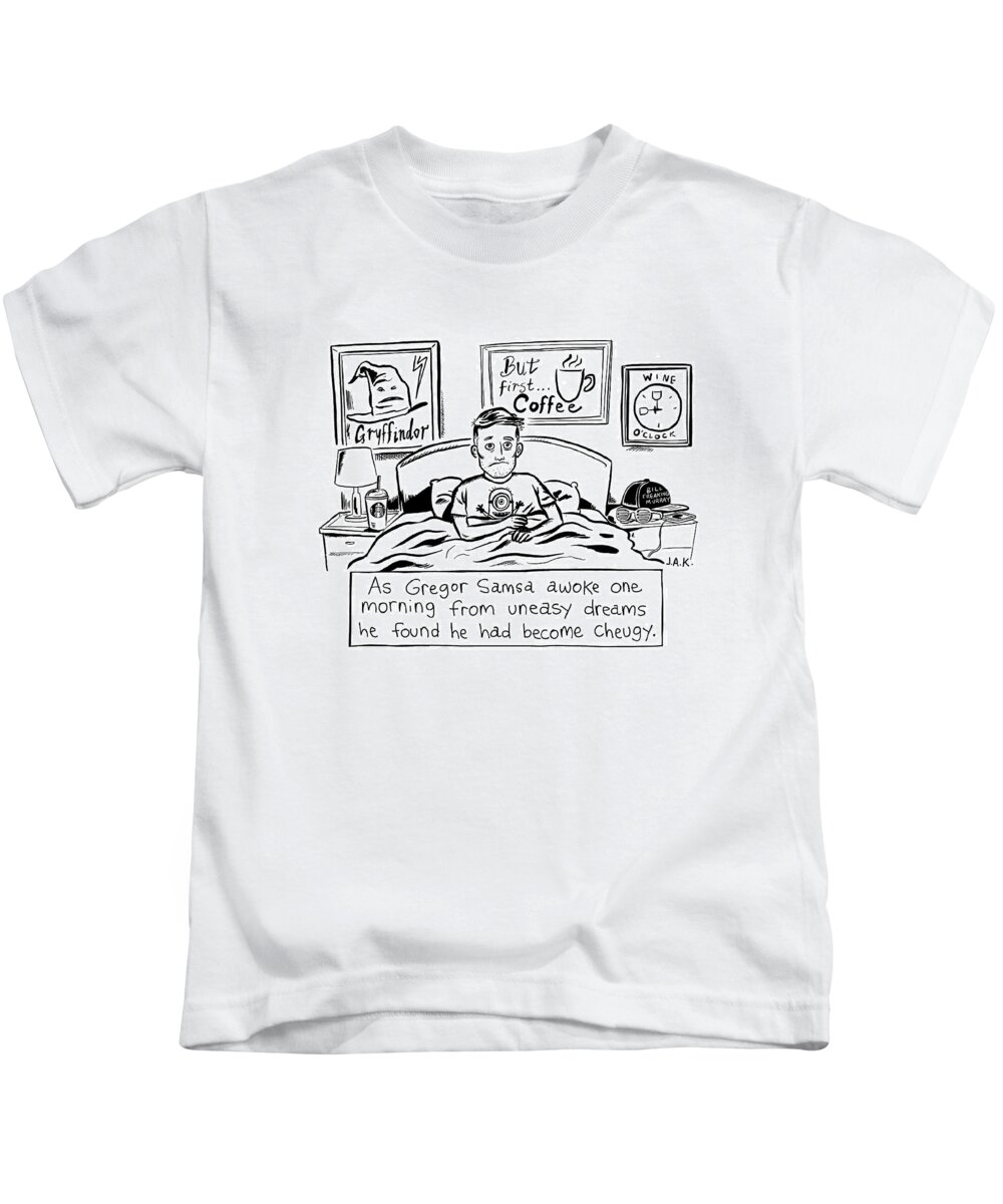 As Gregor Samsa Awoke One Morning From Uneasy Dreams He Found He Had Become Cheugy Kids T-Shirt featuring the drawing Becoming Cheugy by Jason Adam Katzenstein