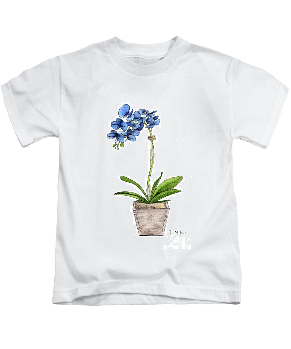 Blue Mystique Orchids Kids T-Shirt featuring the painting Blue Mystique Orchids in Wood Planter by Donna Mibus