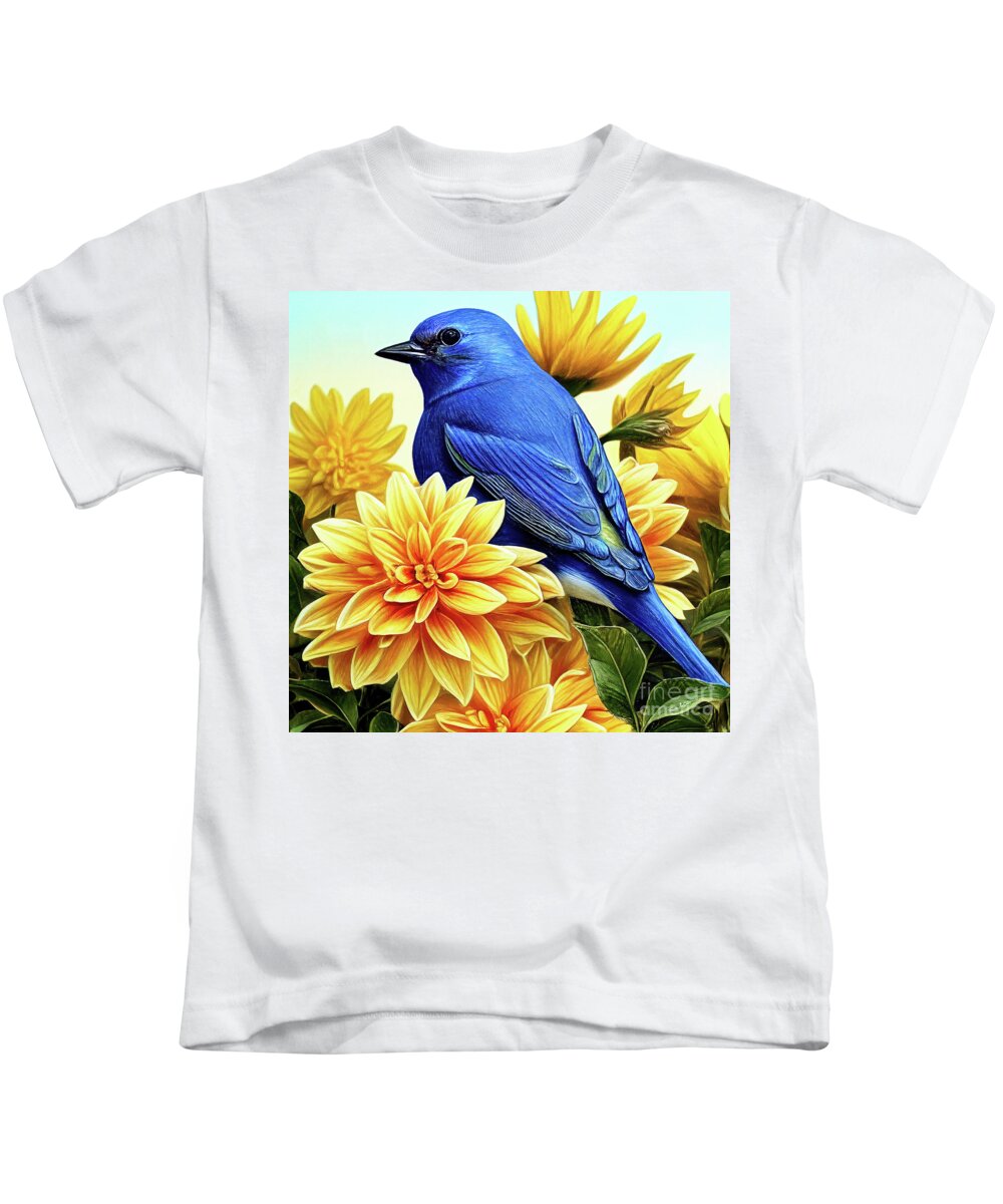 Eastern Bluebird Kids T-Shirt featuring the painting Bluebird In The Yellow Peonies by Tina LeCour