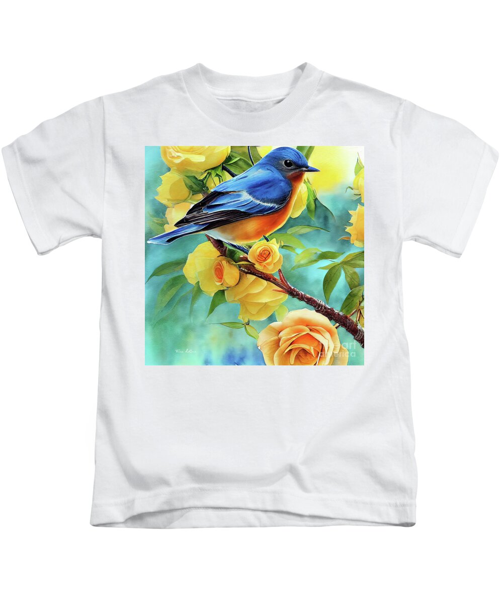 Eastern Bluebird Kids T-Shirt featuring the painting Bluebird In The Yellow Roses by Tina LeCour