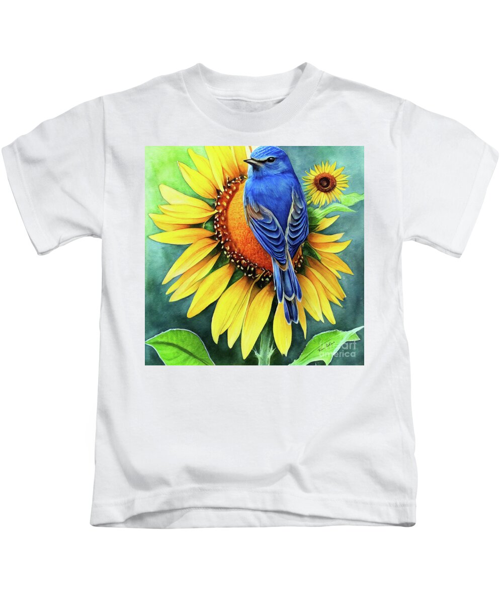 Bluebird Kids T-Shirt featuring the painting Bluebird On The Sunflower by Tina LeCour