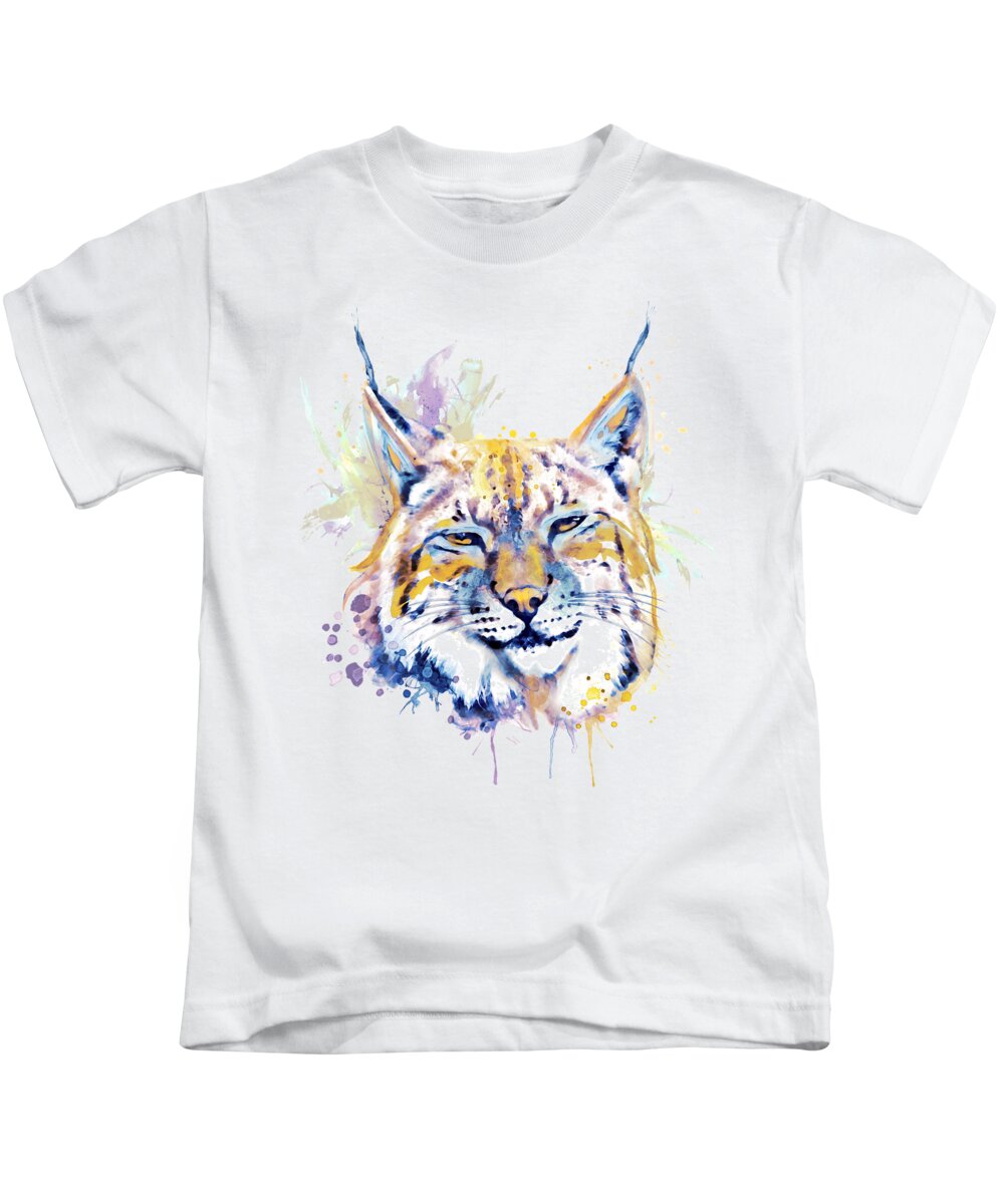 Marian Voicu Kids T-Shirt featuring the painting Bobcat Head by Marian Voicu