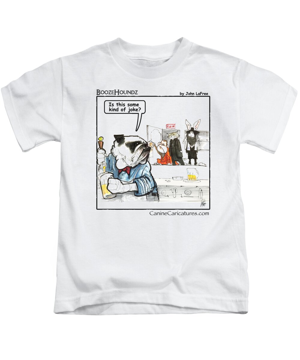Bulldog Kids T-Shirt featuring the drawing BOOZEHOUNDZ Monk, Priest and a Rabbi by Canine Caricatures By John LaFree