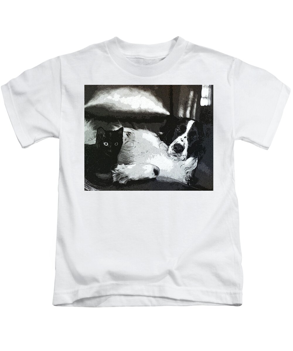 Dog And Cat Kids T-Shirt featuring the digital art Bosom Buddies by Geoff Jewett