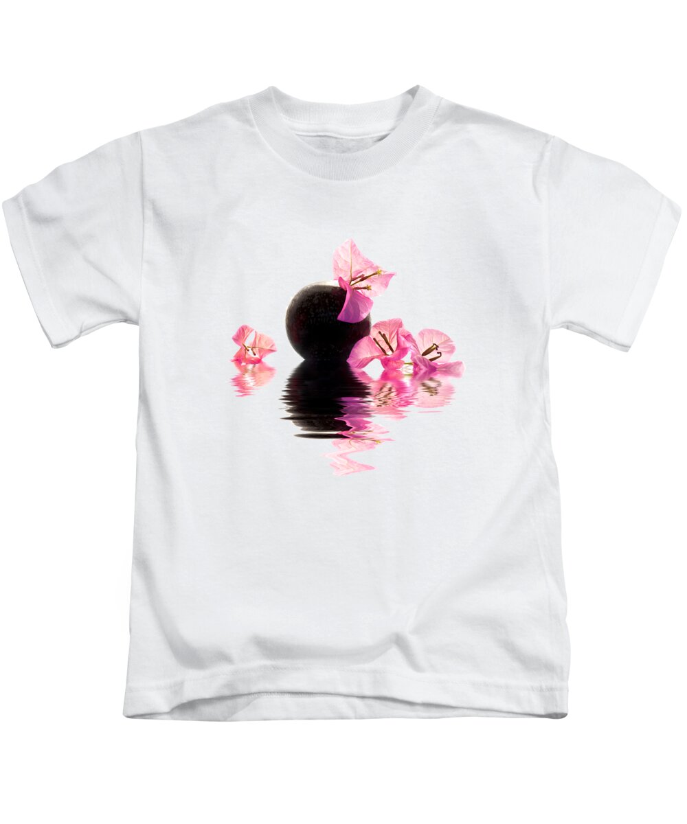 Zen Kids T-Shirt featuring the photograph Bougainvillea flowers with reflections by Delphimages Photo Creations