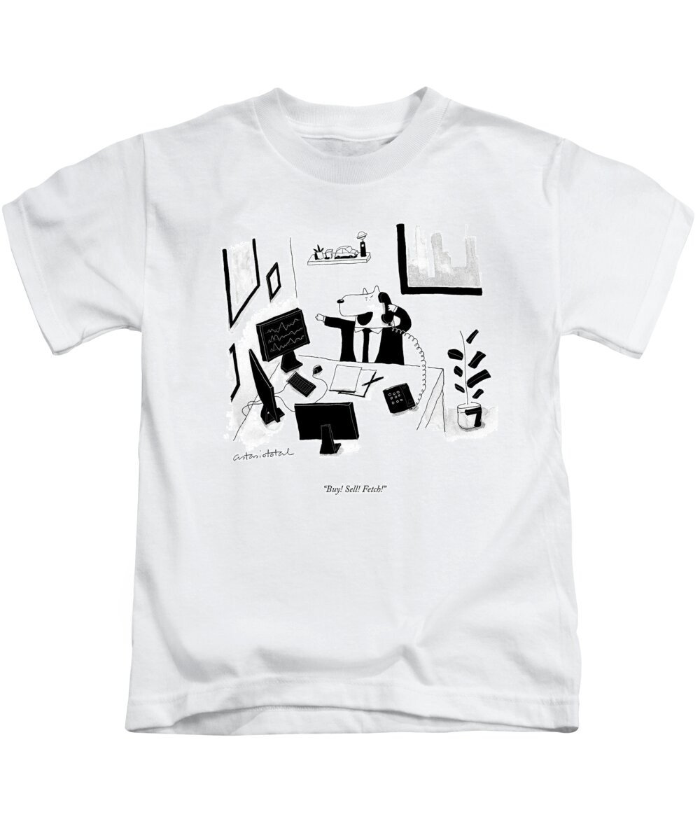 A26111 Kids T-Shirt featuring the drawing Buy Sell Fetch by Juan Astasio